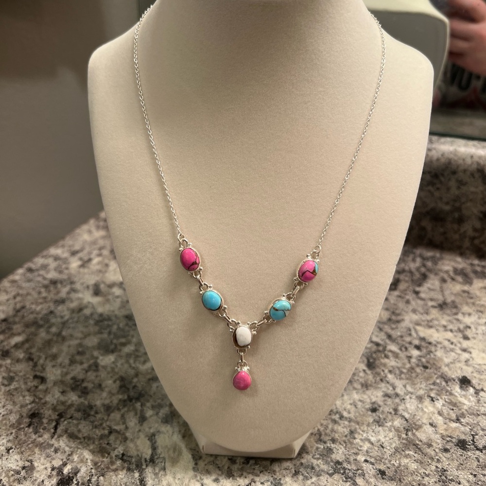 “Cotton Candy Dahlia” Turquoise 925 Sterling Silver Necklace
